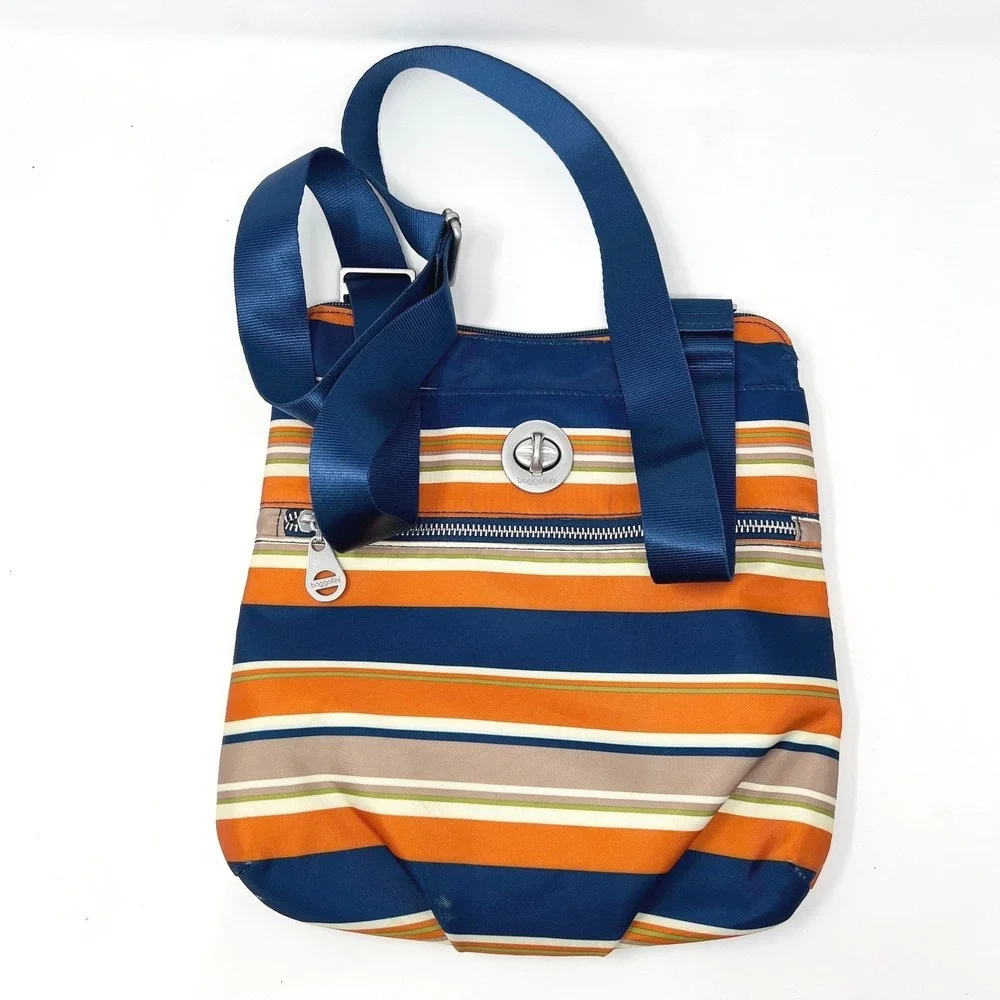 Baggallini Crossbody Bag Navy Orange Striped Nylon Travel Purse Adjustable Strap